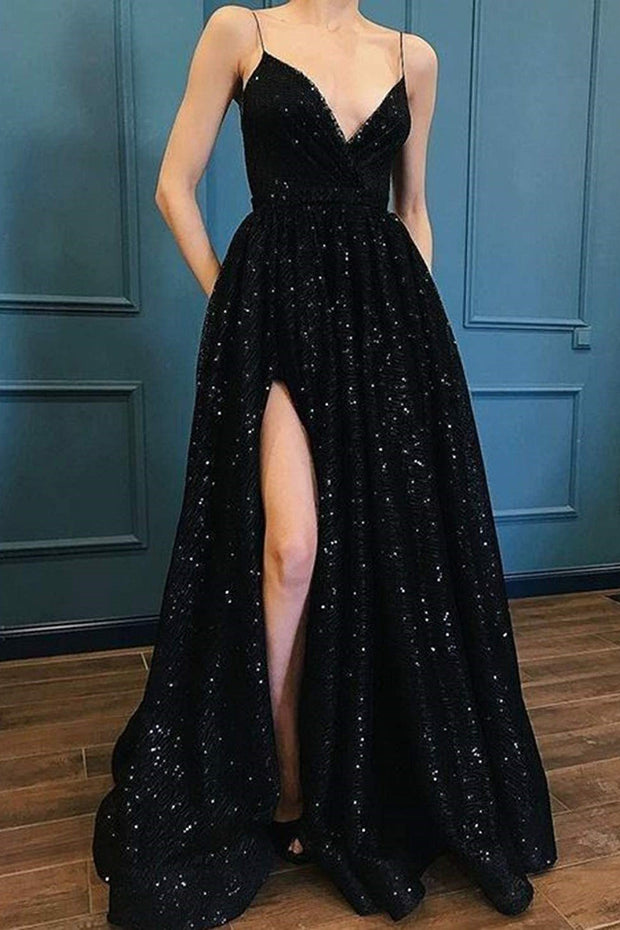 black-v-neck-bodice-sequin-prom-dresses-with-high-thigh-slit