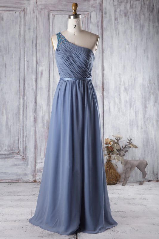 Blue Long Bridesmaid Wedding Party Dress with Beaded One-shoulder