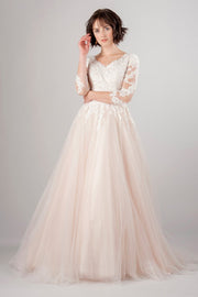 blush-pink-tulle-wedding-dress-with-lace-sleeves