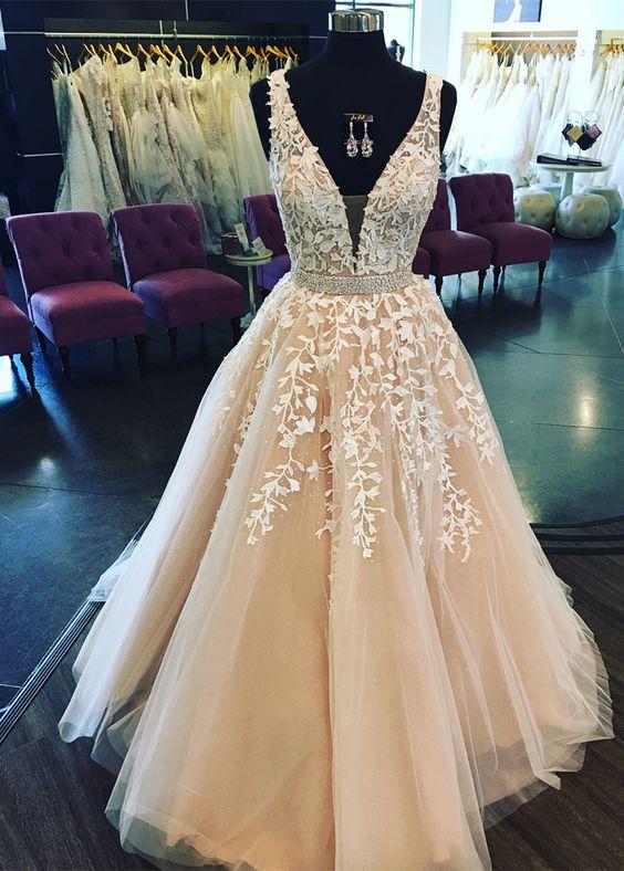 Blush Pink Wedding Dress with Ivory Floral Lace Bodice