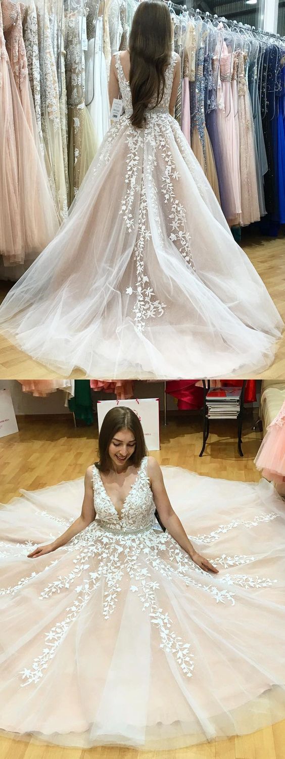 Blush Pink Wedding Dress with Ivory Floral Lace Bodice