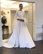 boat-neck-3/4-sleeves-satin-wedding-gown-with-pockets-2