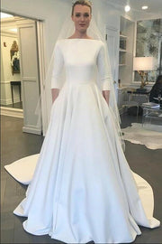 boat-neck-3/4-sleeves-satin-wedding-gown-with-pockets