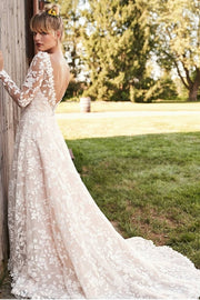 Boat Neck Lace Bride Dresses Long Sleeves
