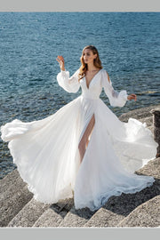 Boho Long Sleeves Wedding Dress for Seaside High Slit Side
