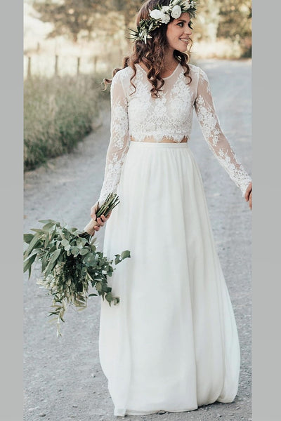 boho-two-piece-long-sleeve-wedding-dress-lace-top-chiffon-skirt