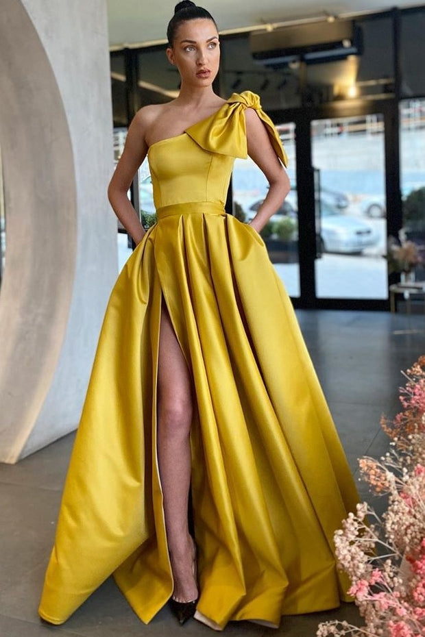bow-one-shoulder-yellow-prom-gowns-with-leg-slit