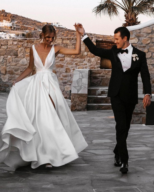 Bridal Satin Flying Dress with Deep V-neckline