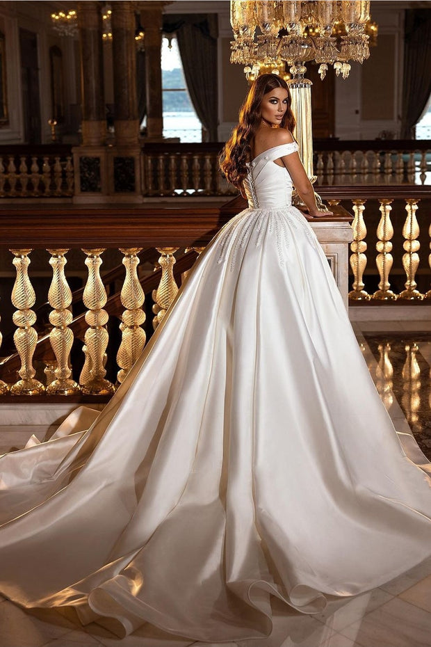Bride Satin Off-the-shoulder Wedding Dresses with Beaded Chapel Train