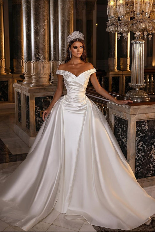 Bride Satin Off-the-shoulder Wedding Dresses with Beaded Chapel Train