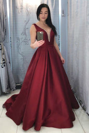 burgundy-satin-prom-long-dresses-with-deep-v-neckline