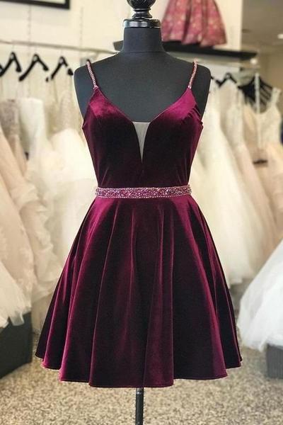 burgundy-velvet-homecoming-dress-short-plunging-v-neckline