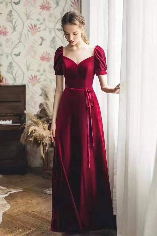 burgundy-velvet-long-prom-gowns-with-puffy-sleeves