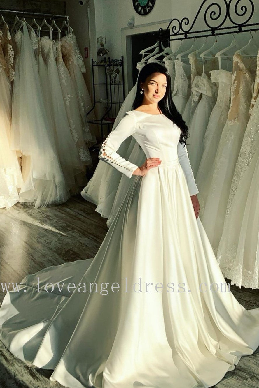 buttons-sleeve-satin-modest-wedding-gowns-with-boat-neck
