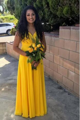 Long Chiffon Yellow Prom Dresses with Double Straps
