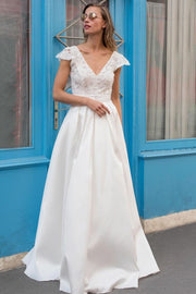 capped-sleeves-satin-wedding-dress-with-floral-lace-bodice