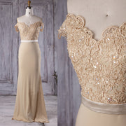 Champagne Long Bridesmaid Dresses with Beaded Lace Off-the-shoulder