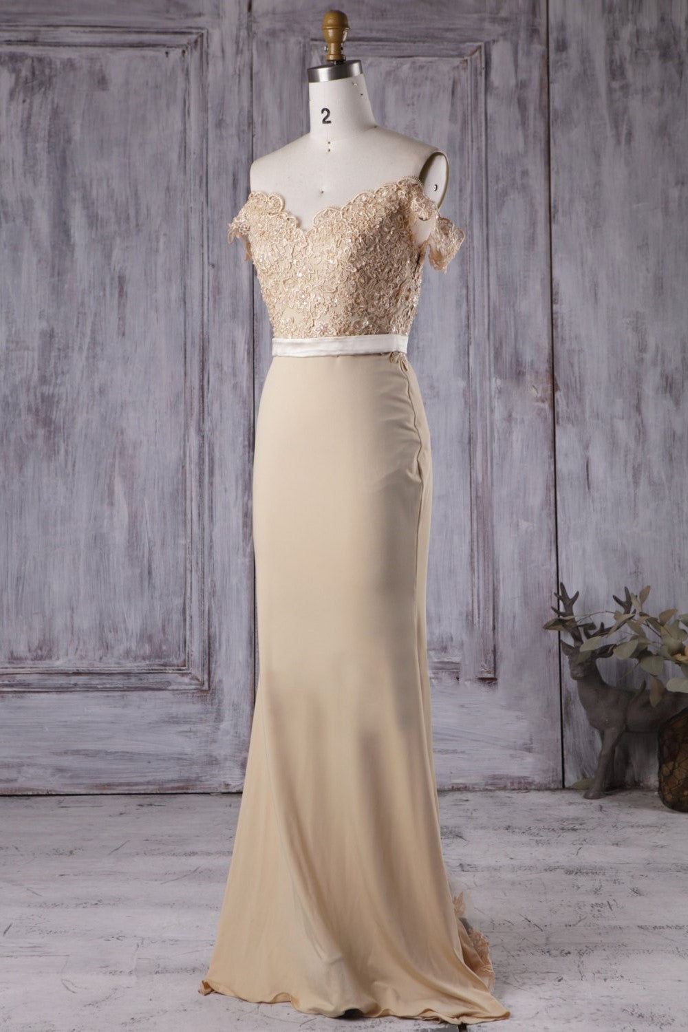 Champagne Long Bridesmaid Dresses with Beaded Lace Off-the-shoulder
