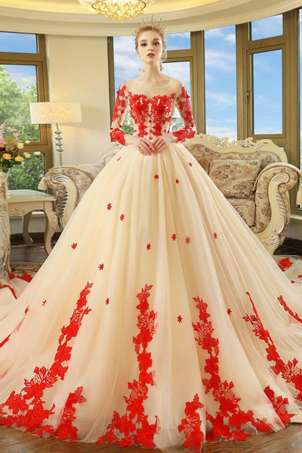 champagne-long-sleeves-red-appliques-wedding-dresses-with-royal-train