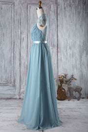 Chiffon Bluestone Bridesmaid Dress with Sheer Lace Capped Sleeves