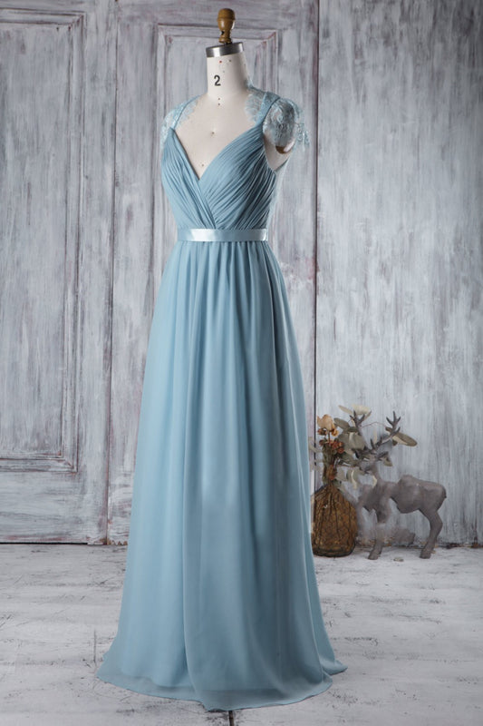 Chiffon Bluestone Bridesmaid Dress with Sheer Lace Capped Sleeves