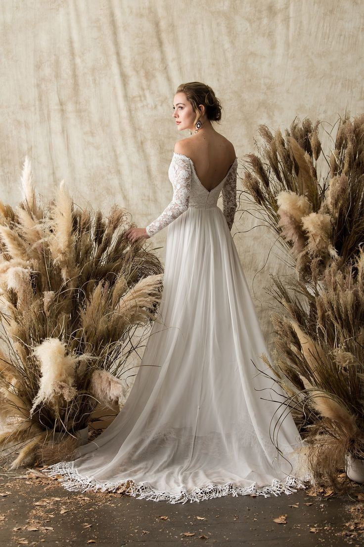 chiffon-lace-sleeves-beach-wedding-dresses-with-tassel-train-1