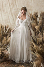chiffon-lace-sleeves-beach-wedding-dresses-with-tassel-train