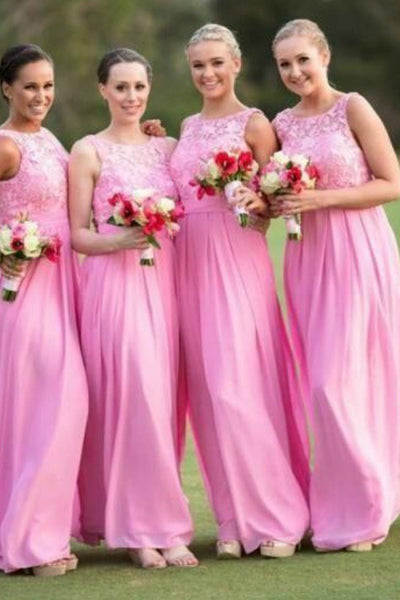 chiffon-long-pink-bridesmaid-dresses-with-lace-bodice