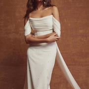 Chiffon Pearls Wedding Gown with Off-the-shoulder Ribbons