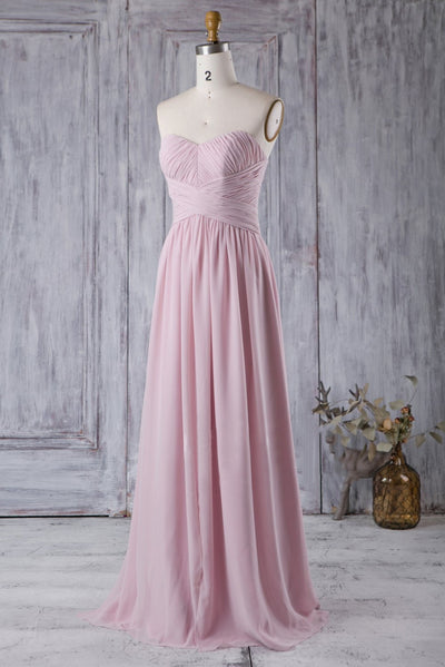chiffon-pleated-strapless-pink-bridesmaids-dress-backless