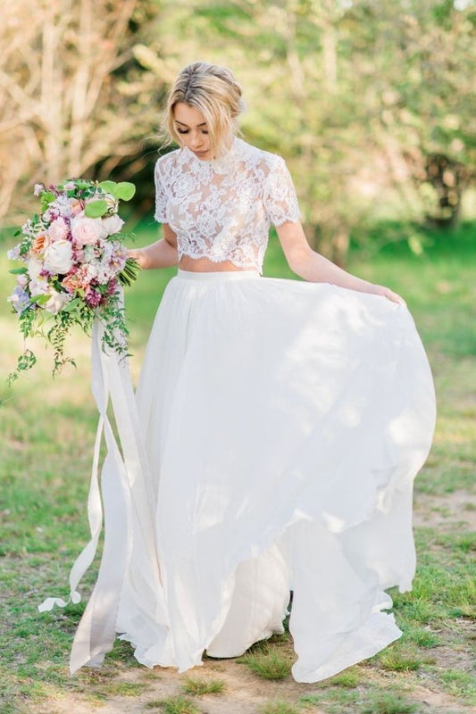 chiffon-two-piece-garden-wedding-gowns-with-lace-short-sleeves