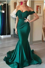 Dark Green Off-the-shoulder Prom Maxi Dresses with Mermaid Train