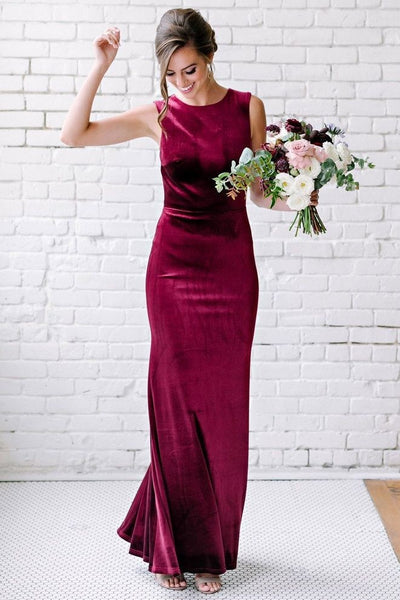 decent-burgundy-velvet-bridesmaid-gown-floor-length