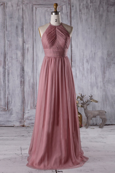 feminine-desert-rose-bridesmaid-dress-with-ruching-halter-neckline