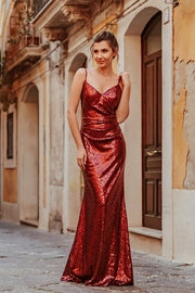 Floor-Length Red Sequins Long Evening Gown with Straps