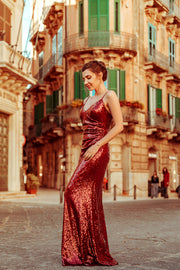Floor-Length Red Sequins Long Evening Gown with Straps