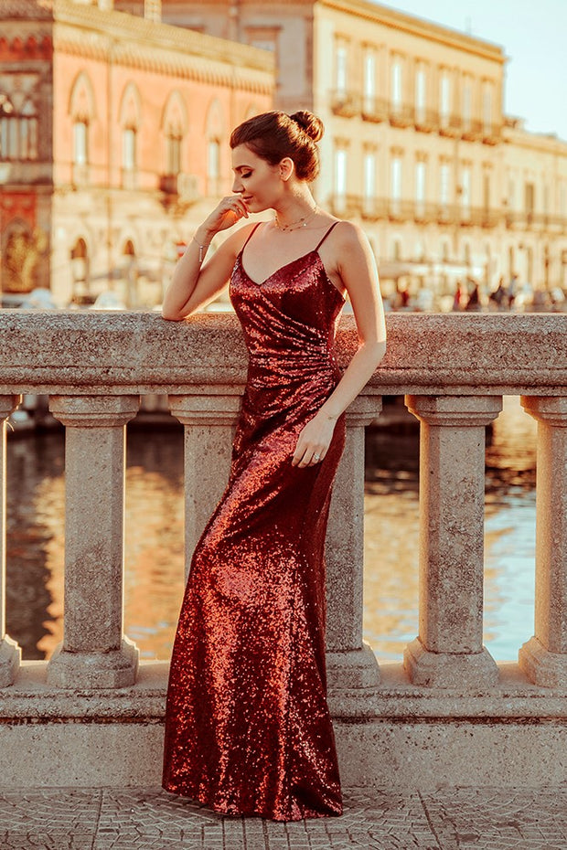 Floor-Length Red Sequins Long Evening Gown with Straps