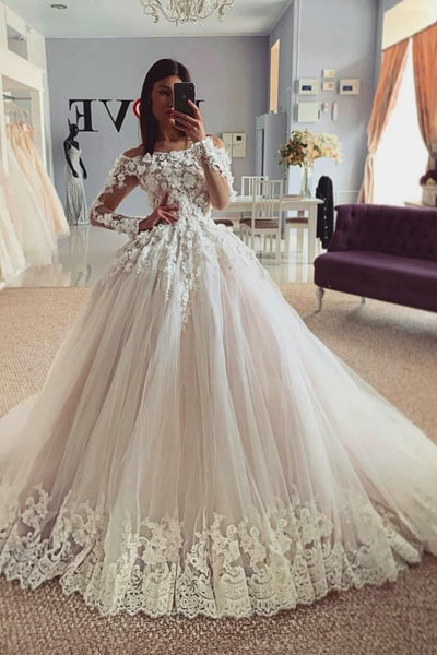 Floral Lace Off-the-shoulder Sleeves Wedding Gown with Lace Train