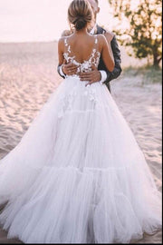 A-line Tulle Skirt Bridal Dress with Lace V-neckline