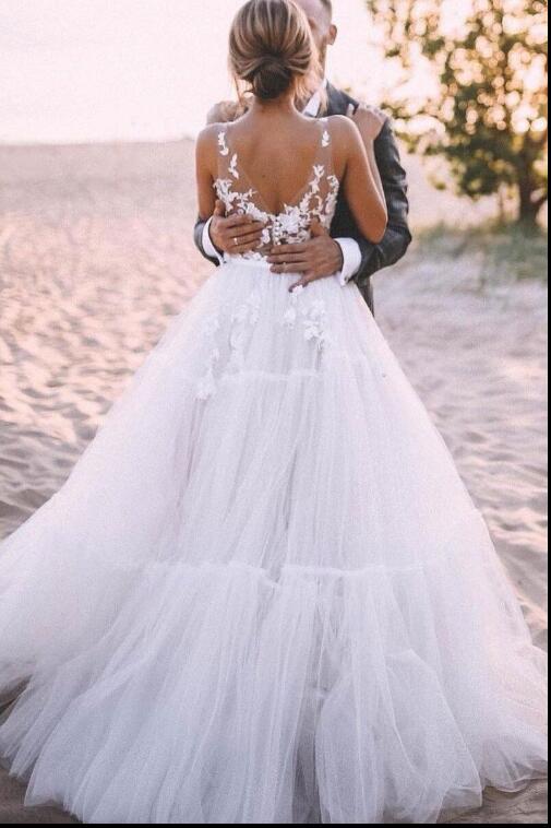 A-line Tulle Skirt Bridal Dress with Lace V-neckline
