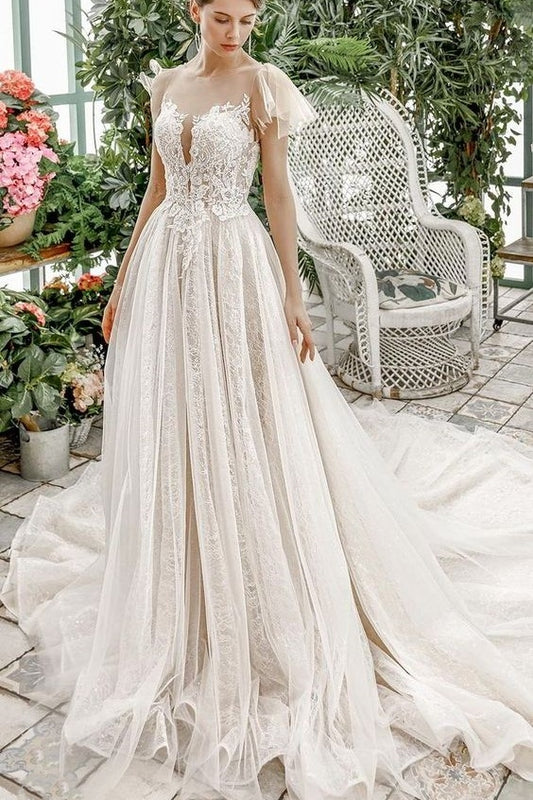 flounced-sleeves-ivory-lace-dress-for-marriage-2020-bridal-gowns