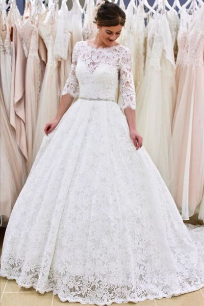 full-lace-elbow-sleeves-wedding-gown-with-jewelry-belt