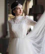 Full Lace Sleeves Modest Bridal Dresses with High Neck