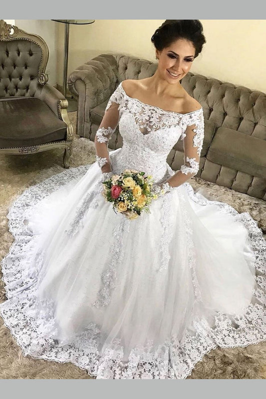 full-sleeve-lace-dress-for-bride-off-the-shoulder-neckline