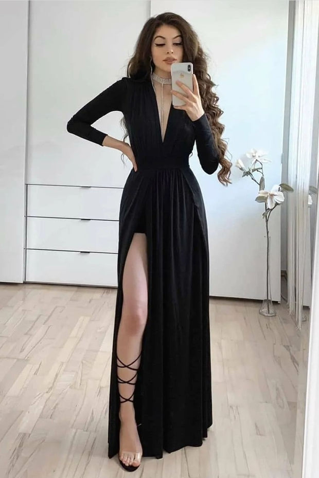 full-sleeves-black-prom-gown-with-deep-v-neckline