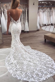 Glamour Mermaid Wedding Dress with Floral Lace Train