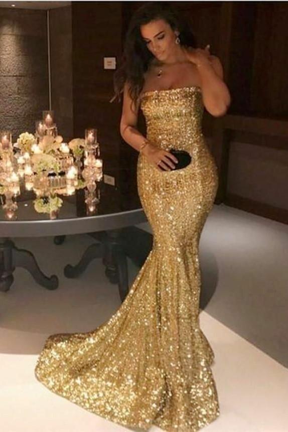 gold-sequin-mermaid-prom-dresses-strapless-neckline
