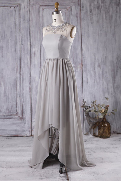 Gray Chiffon Rhinestones Bridesmaid Dresses High-Low Skirt