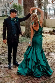 Green Mermaid Ruffles Prom Gown with Halter Neckline