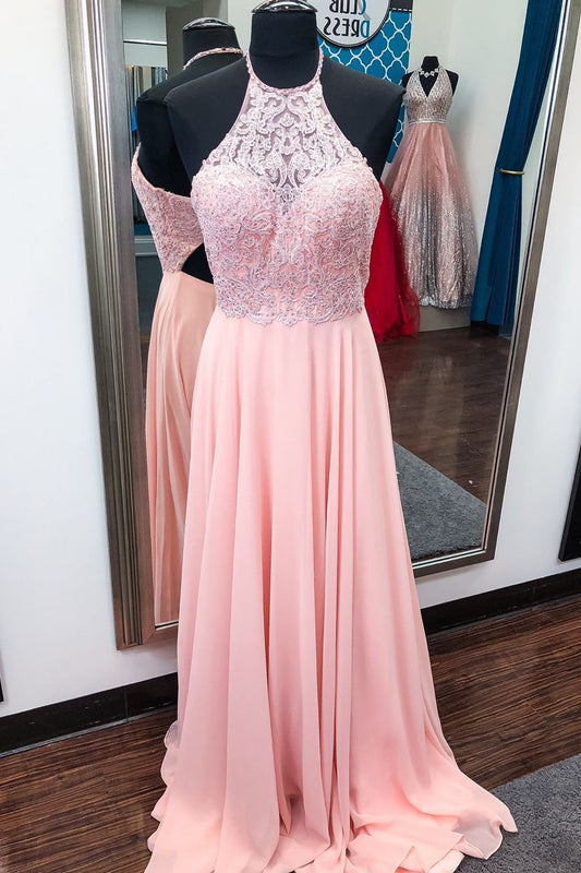 halter-pink-prom-chiffon-dresses-with-beaded-lace-bodice